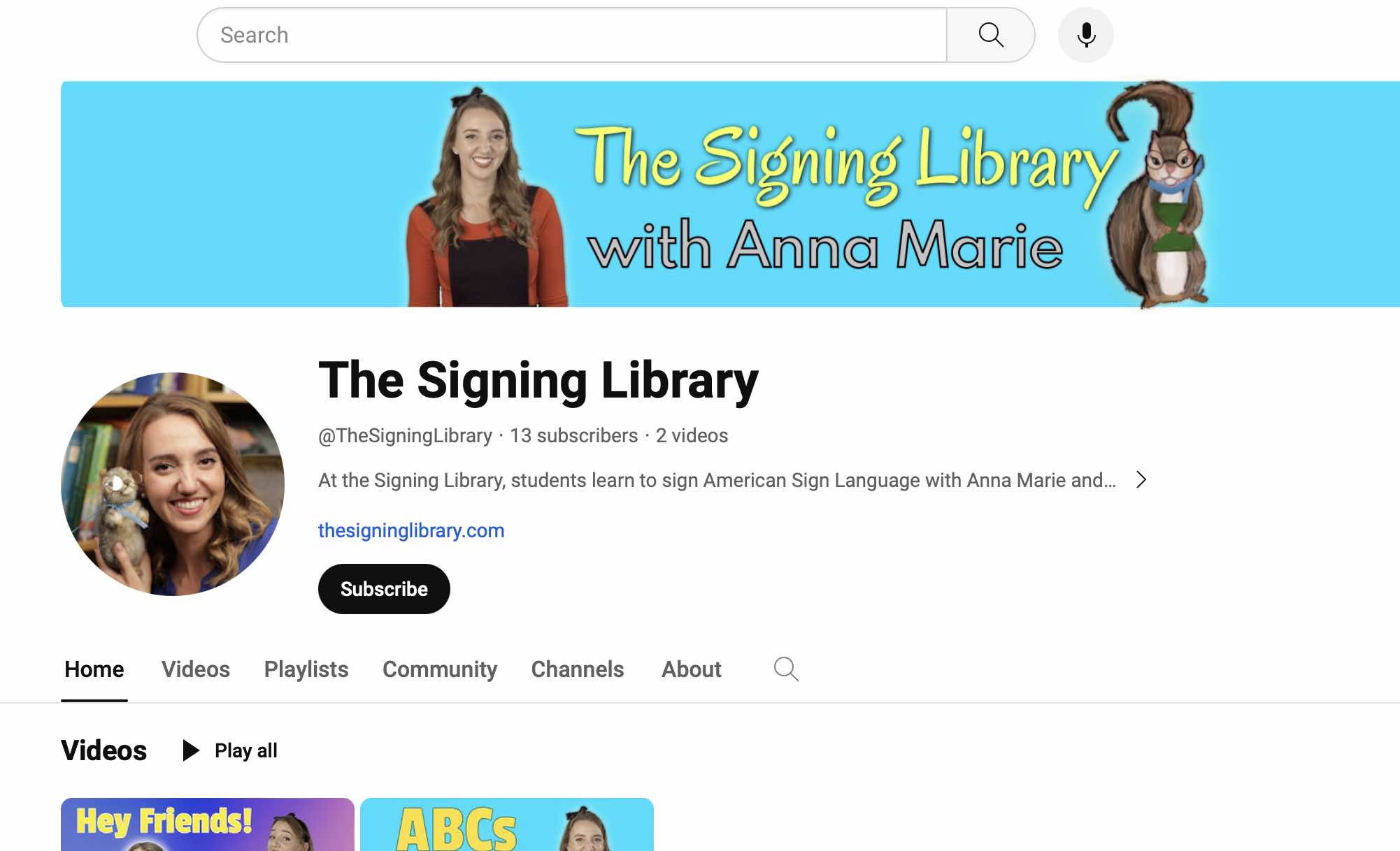 Screenshot of The Signing Library's YouTube channel